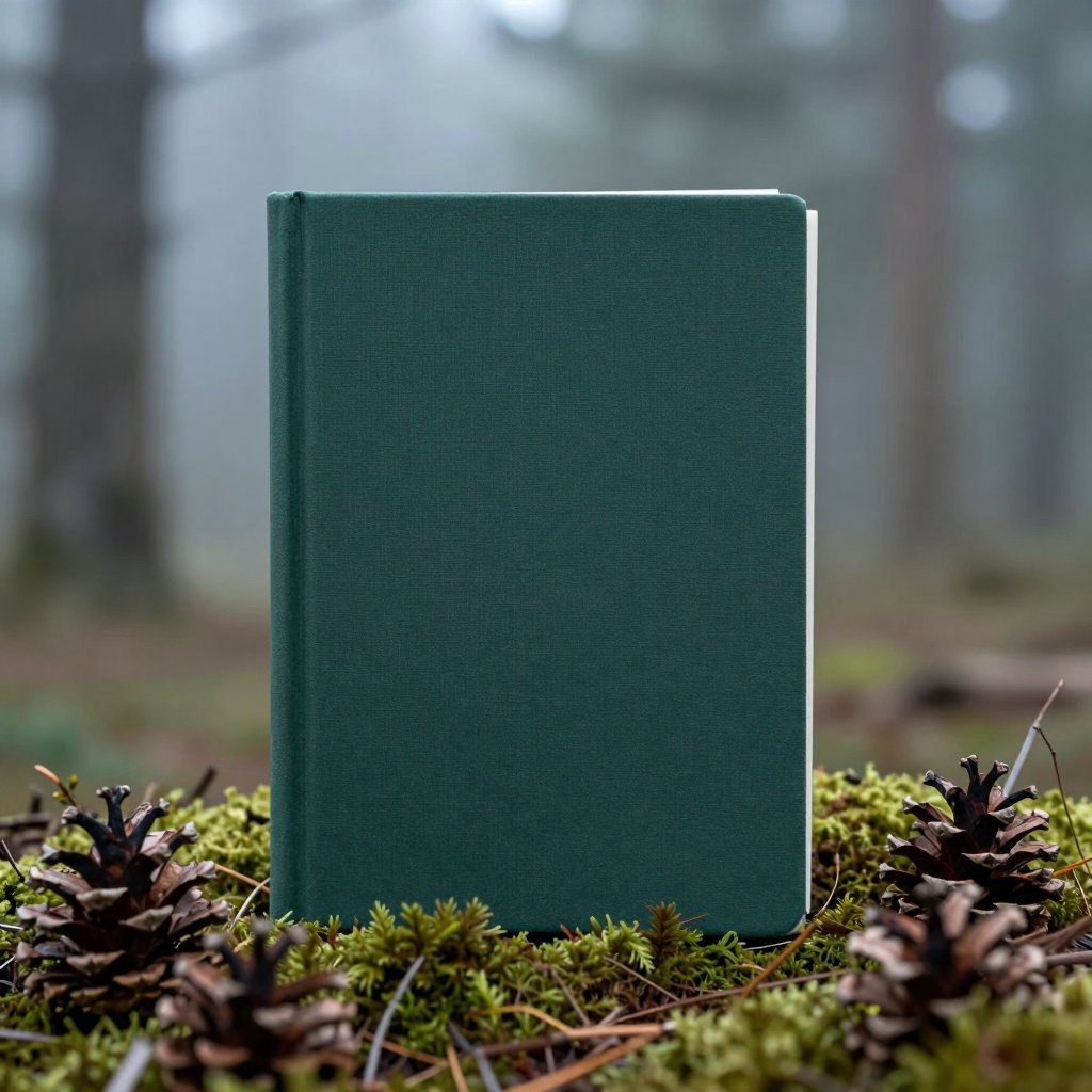 A dark green hardcover book standing on moss in a misty pine forest