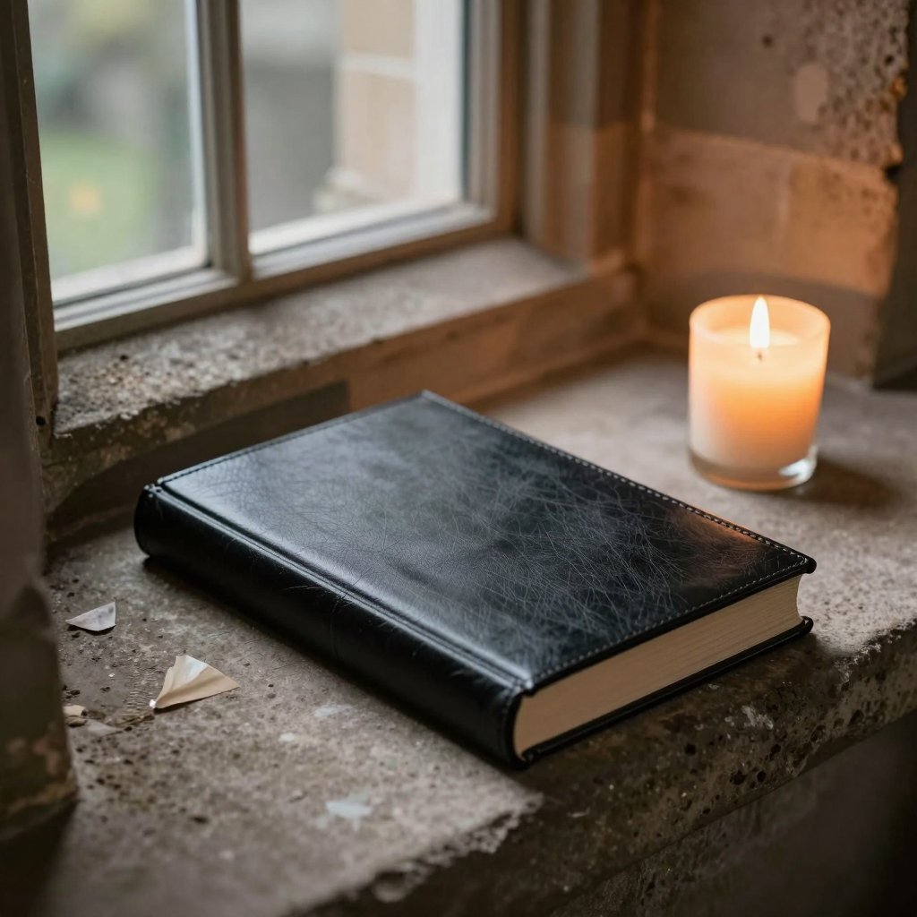 A black leather-bound book on a castle window ledge beside a candle