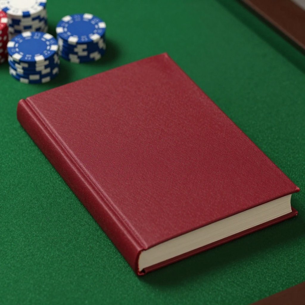 A red hardcover book on a green card table beside stacks of poker chips