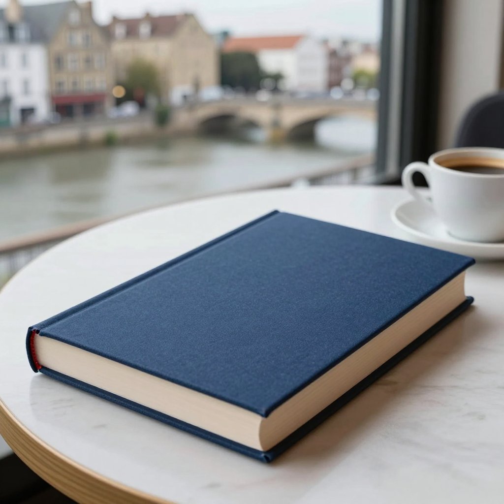 A navy hardcover book and a coffee on a café table by a river window