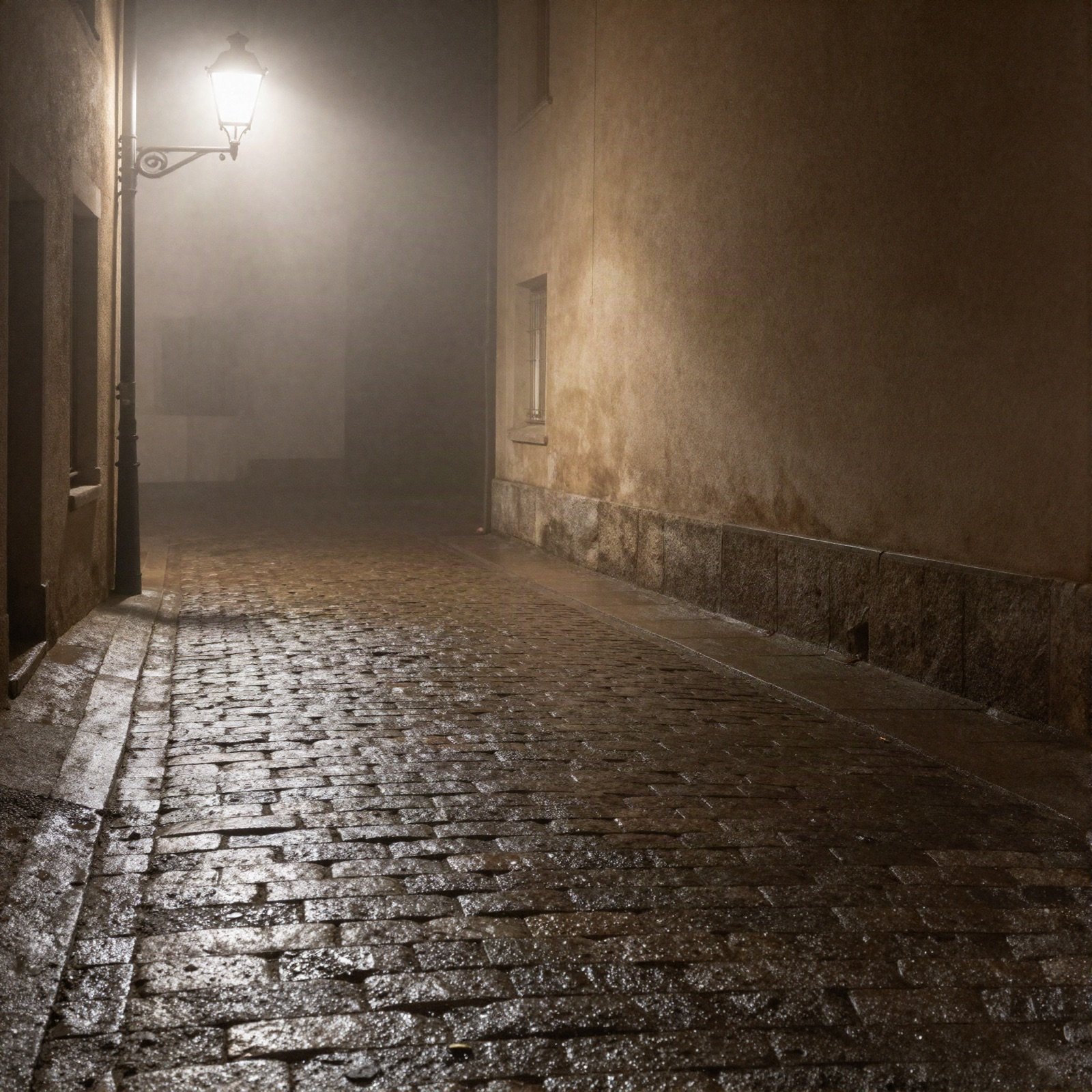 Foggy cobblestone alley at night under an old street lamp