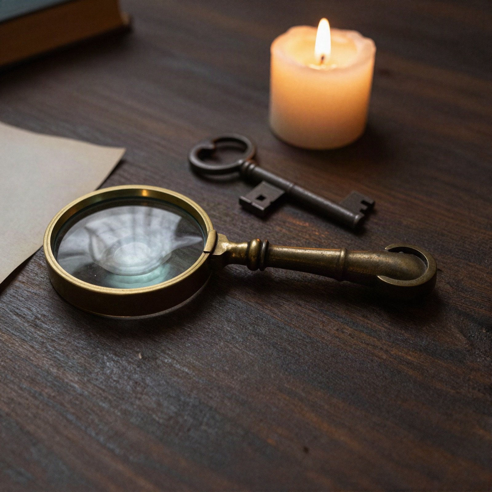 Brass magnifying glass and an old iron key beside a candle