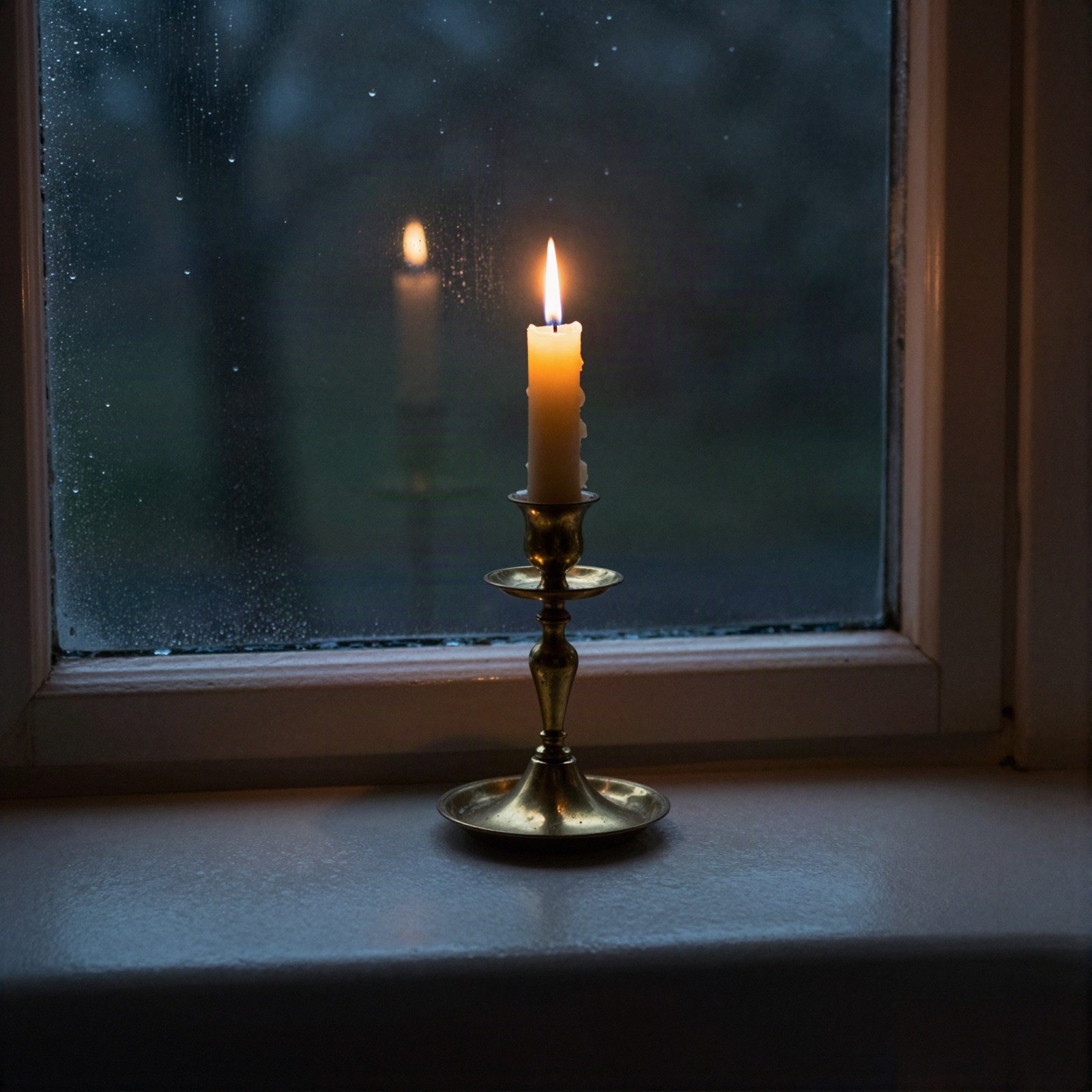 Candle in a brass holder on a windowsill on a rainy night