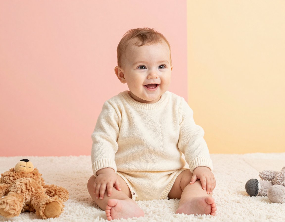A smiling baby in a knitted cream outfit sitting on a fluffy blanket with plush toys