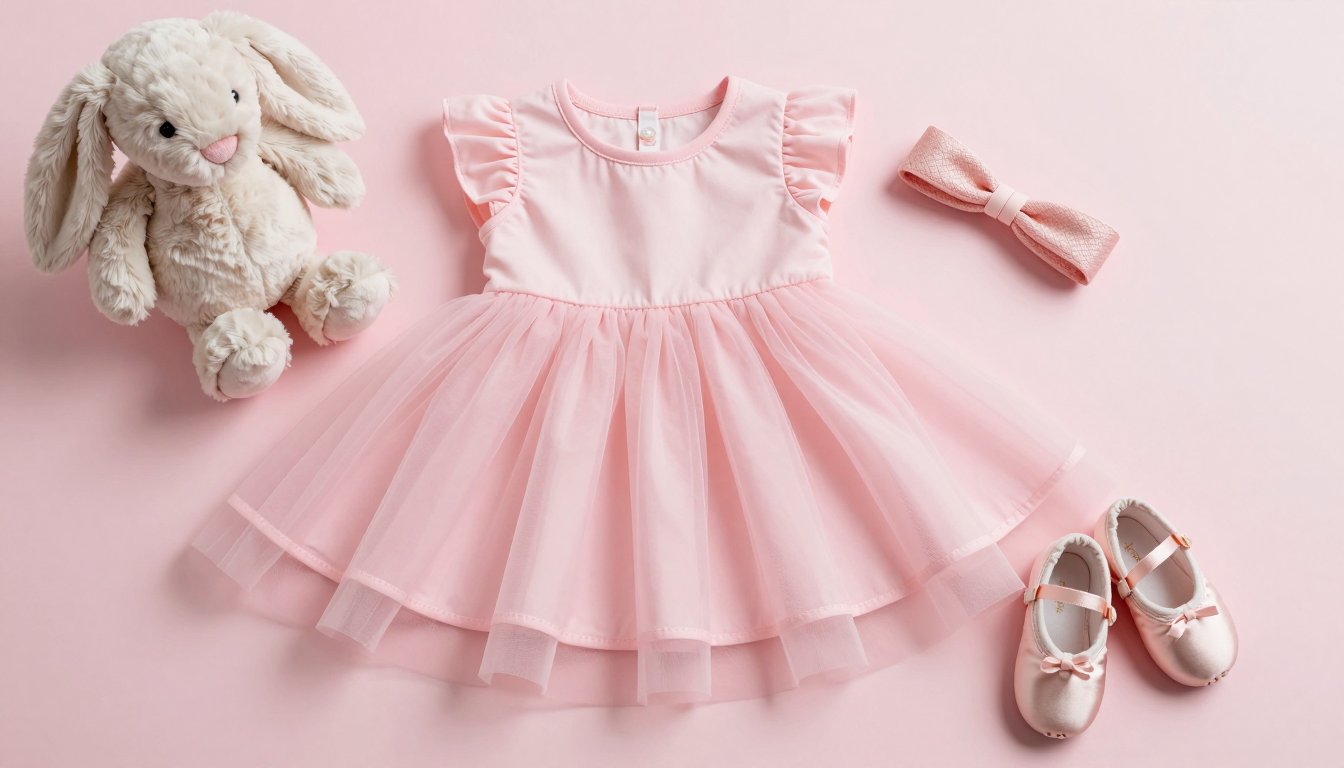 A pink tulle baby dress with a headband, ballet shoes and a plush bunny