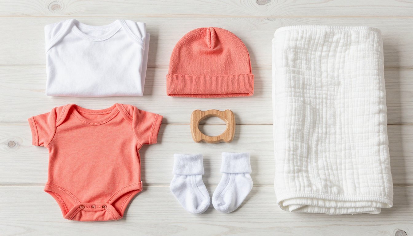 Folded newborn onesies, a knitted hat, socks, a wooden teether and a muslin blanket