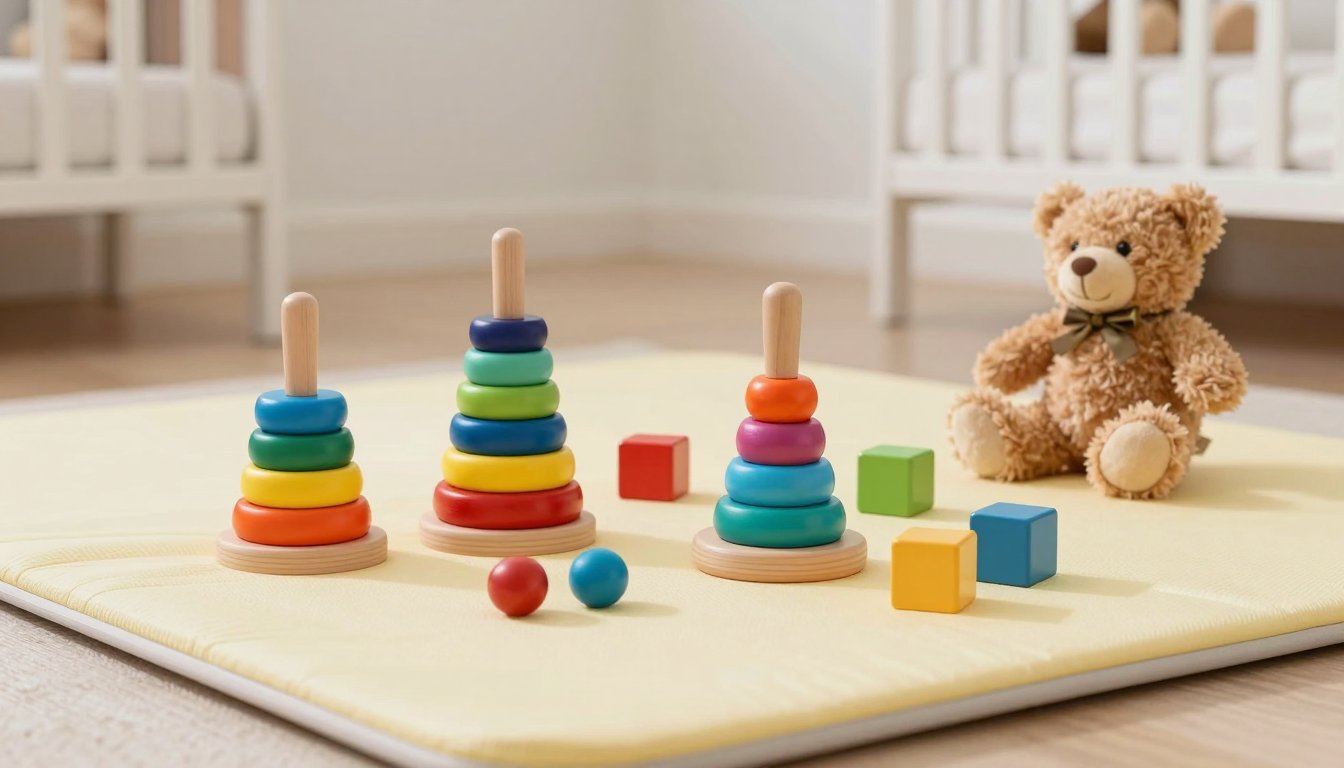 Colourful wooden baby toys, stacking rings and a teddy bear on a yellow play mat