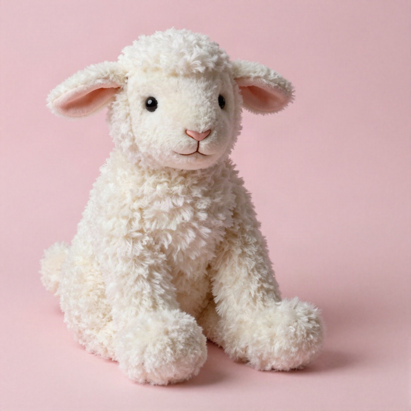 A soft white plush lamb toy with a cream fleecy body and pink ears, sitting upright