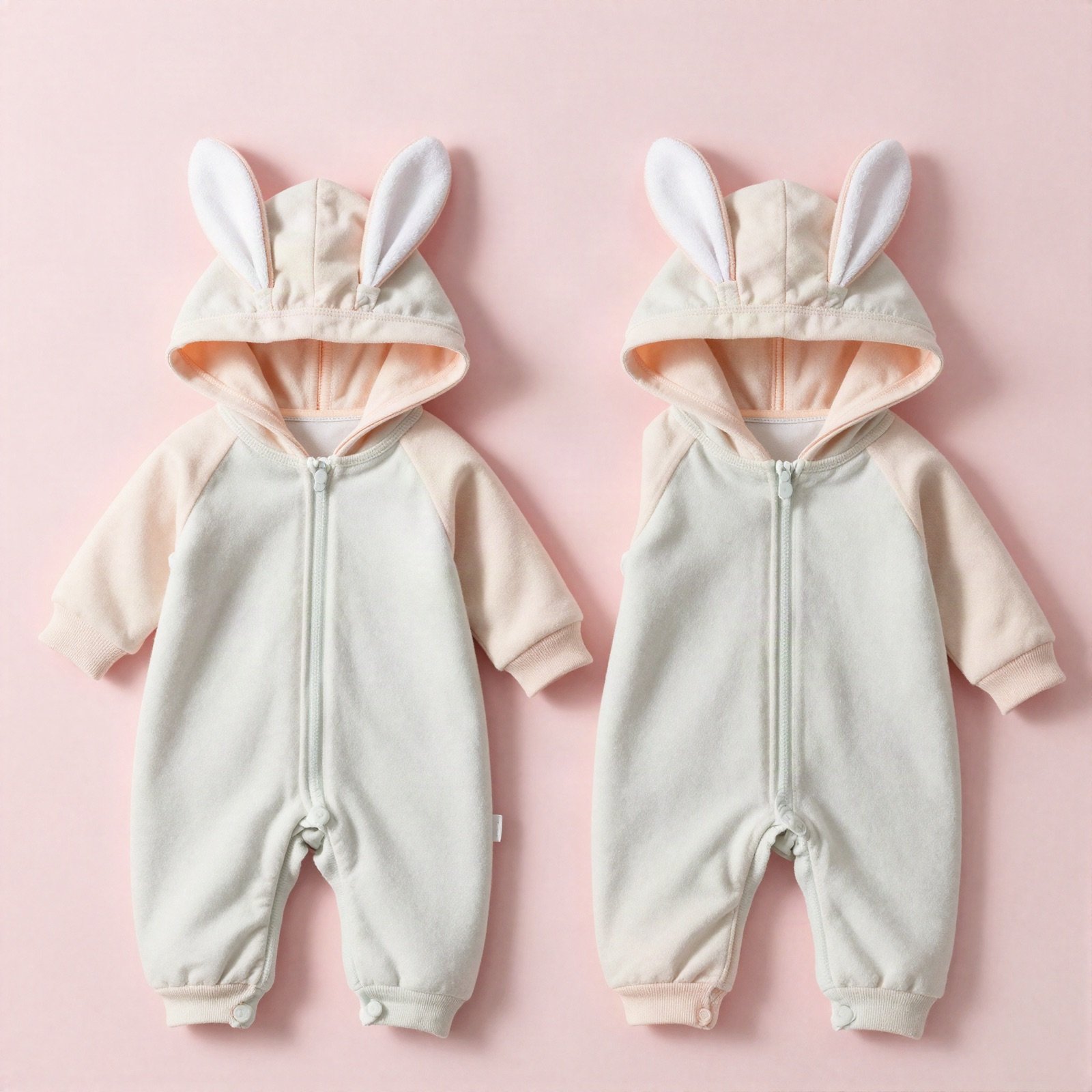 Two matching folded baby rompers in soft pastel cotton with small bunny ear hoods, side by side