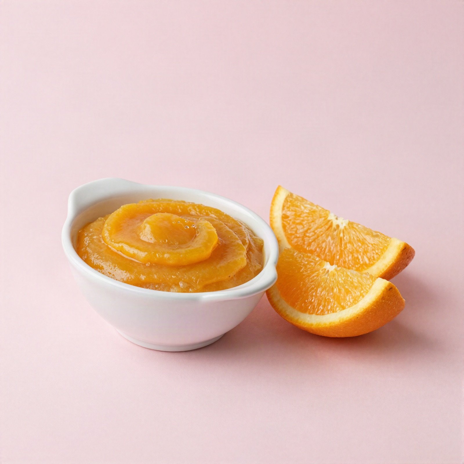 A small white ceramic baby bowl of smooth orange fruit puree with fresh orange slices beside it