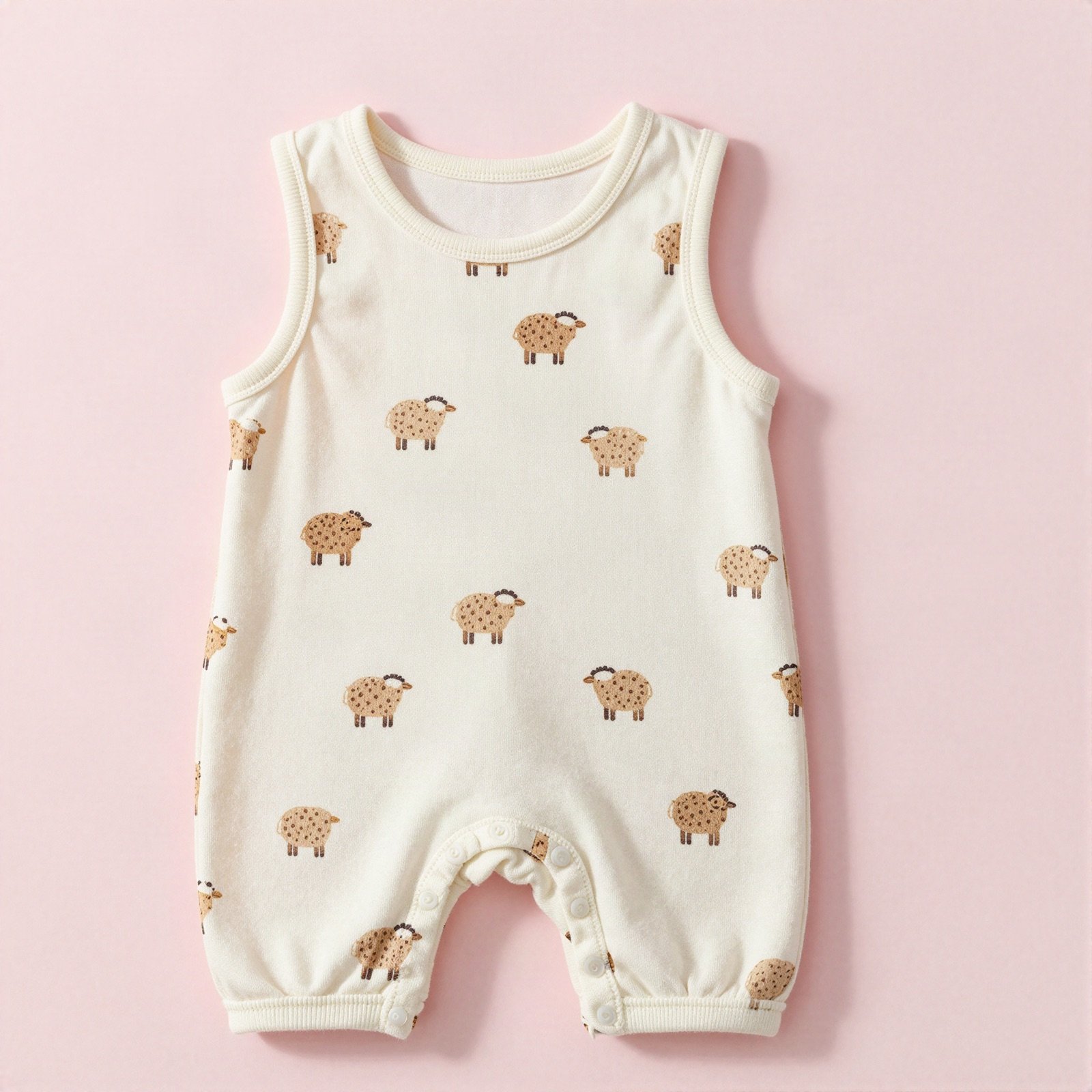 Sleeveless baby romper with a brown sheep print