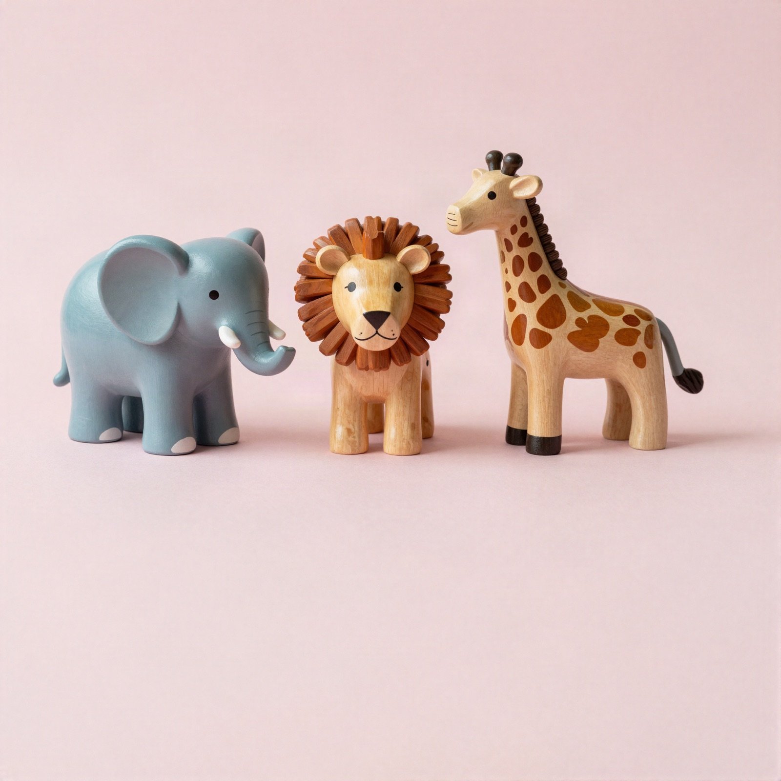 Wooden toy elephant, lion and giraffe