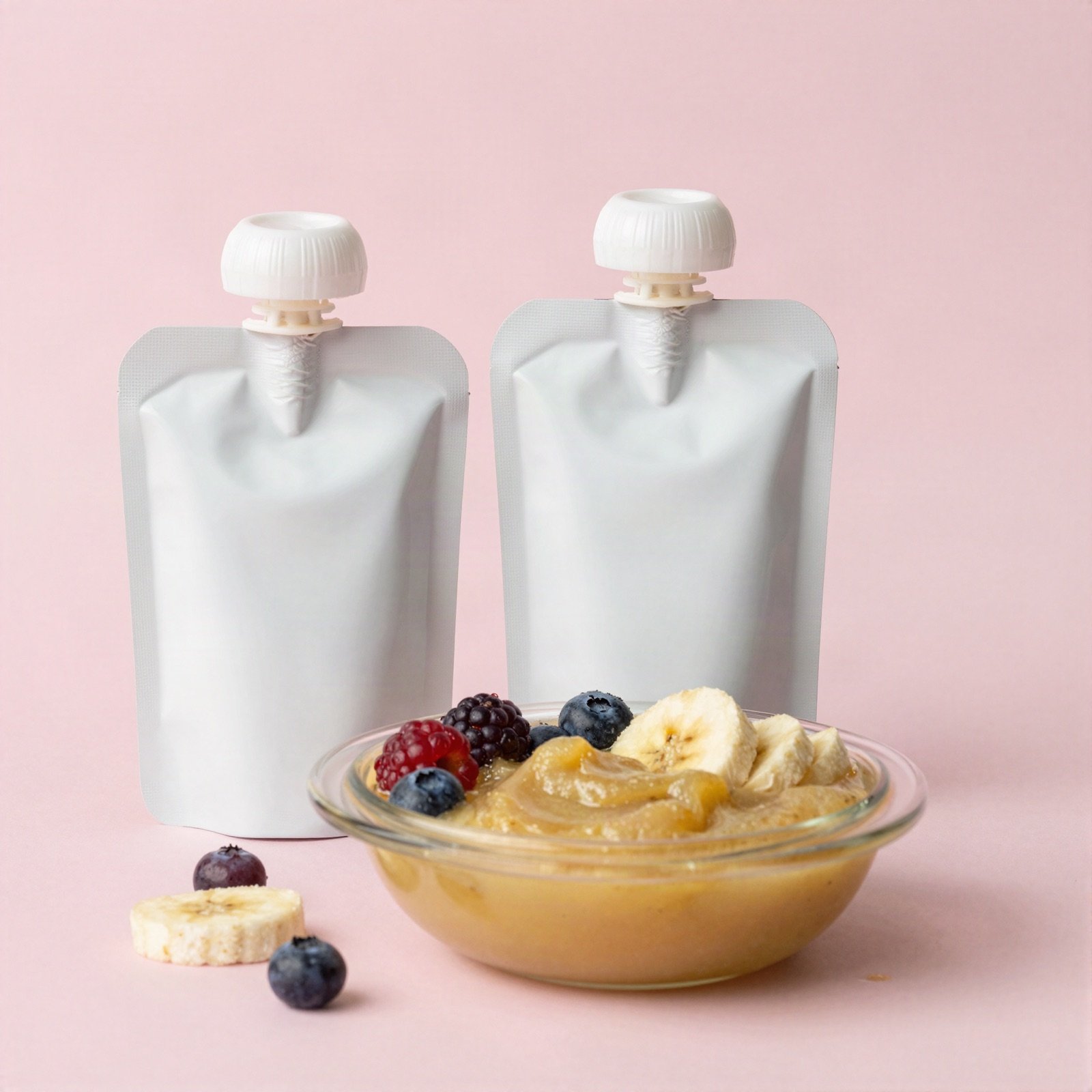 Baby food pouches beside a bowl of fruit puree with berries