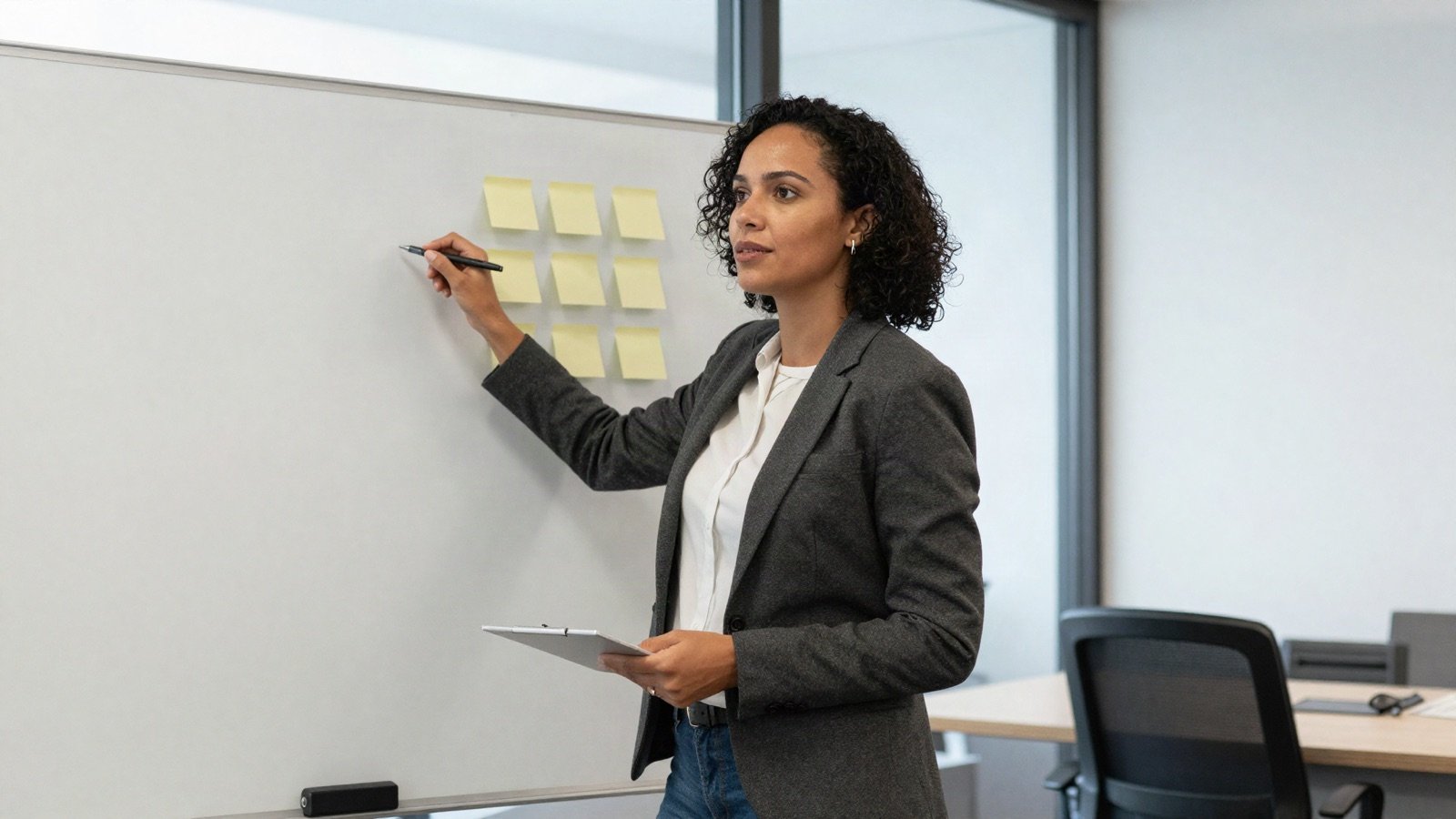 Business consultant in a charcoal blazer planning a growth strategy on a whiteboard with sticky notes