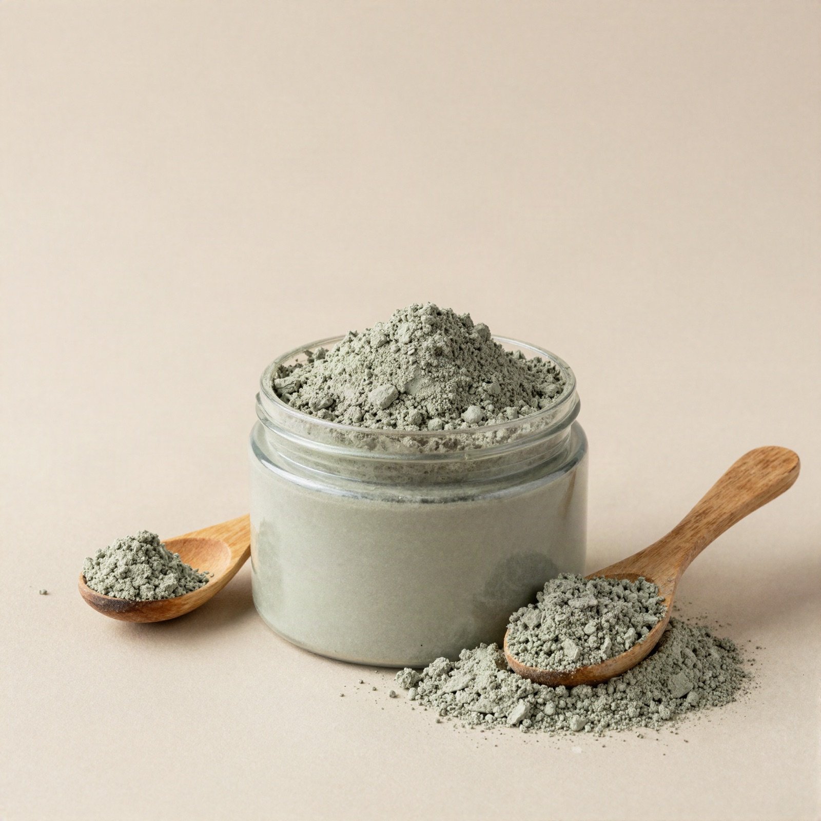 A glass jar of grey-green healing clay powder with two wooden spoons