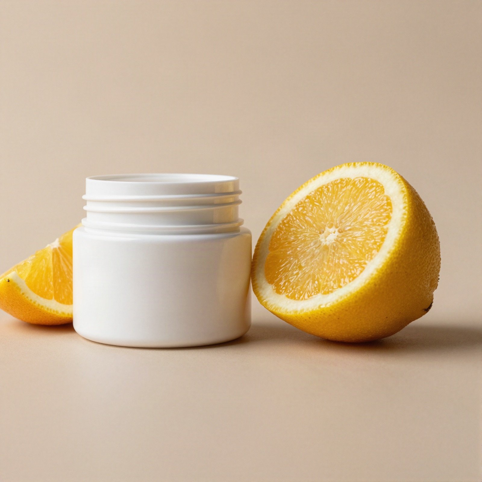 An open white jar of hair mask beside halved citrus fruit