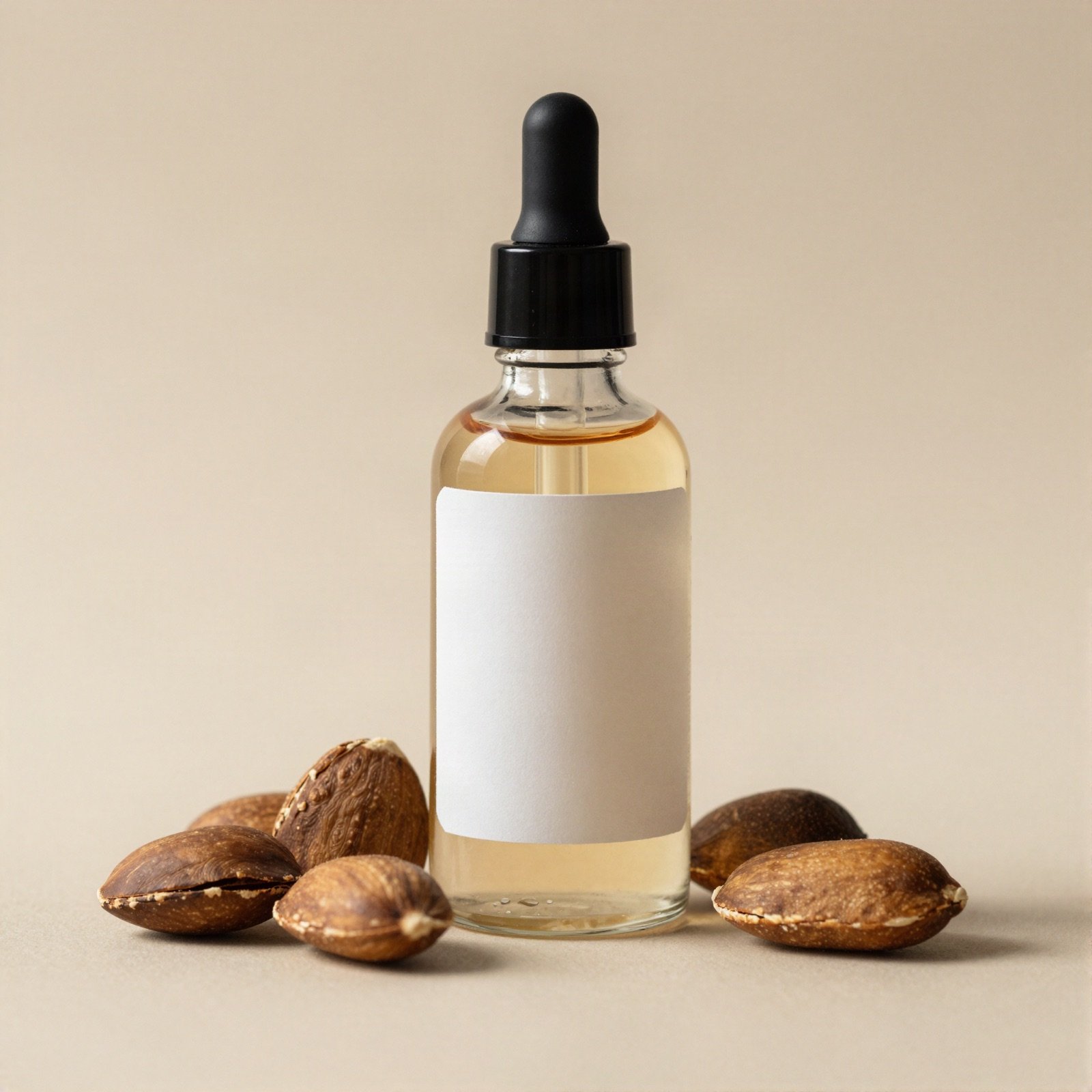 A glass bottle of hair repair serum with a dropper beside argan nuts