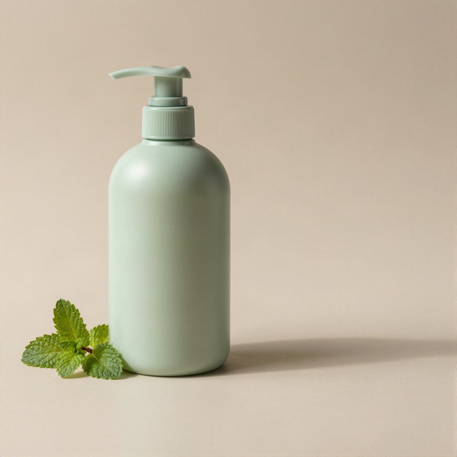 A sage green conditioner pump bottle beside a sprig of fresh mint