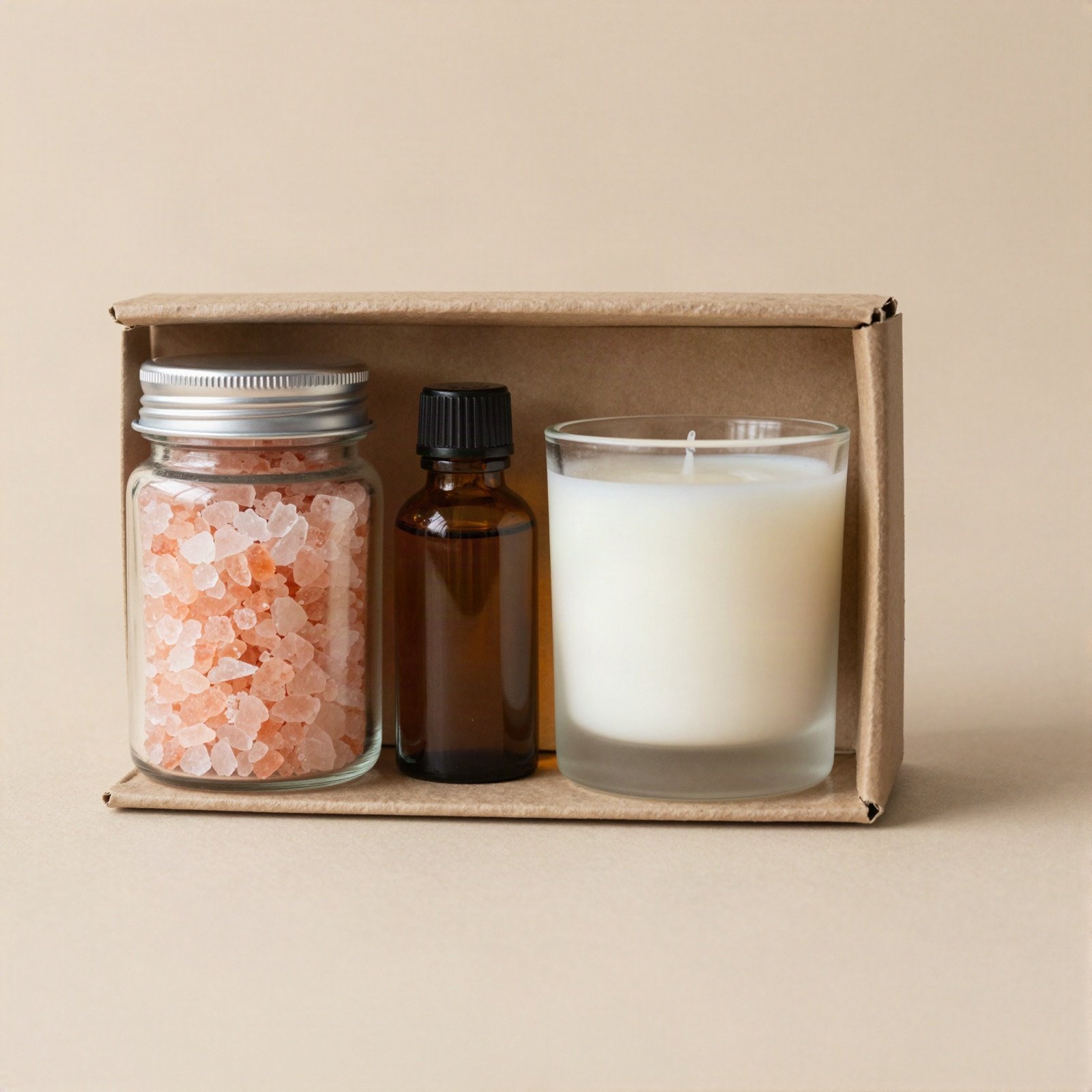 A kraft gift box with pink bath salts, an amber body oil bottle and a candle