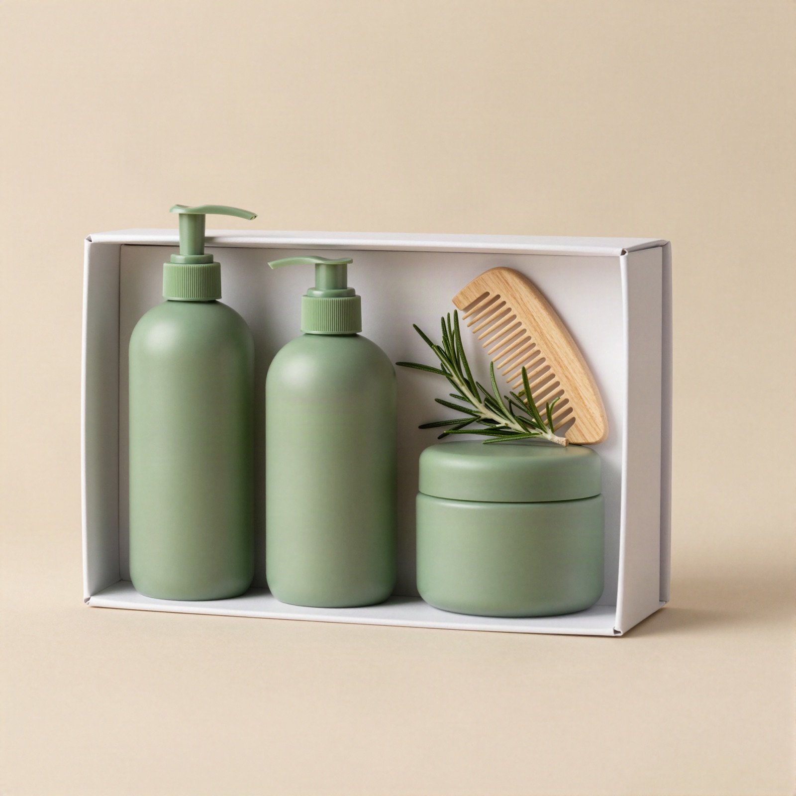A gift box of sage green shampoo, conditioner and hair mask with a wooden comb and rosemary