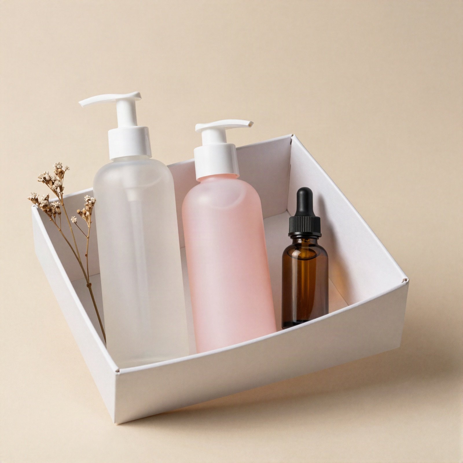 A white gift box with a cleanser, a pink toner and an amber serum bottle beside dried flowers