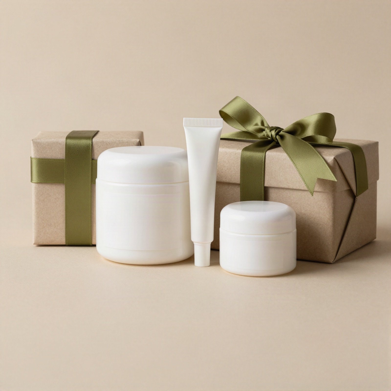 Kraft gift boxes with olive ribbon beside a mask jar, an eye cream tube and a moisturiser jar