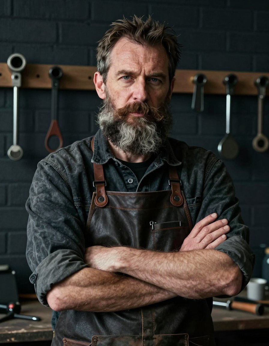 Owner Maher Odeh, a bearded motorcycle builder, in his workshop