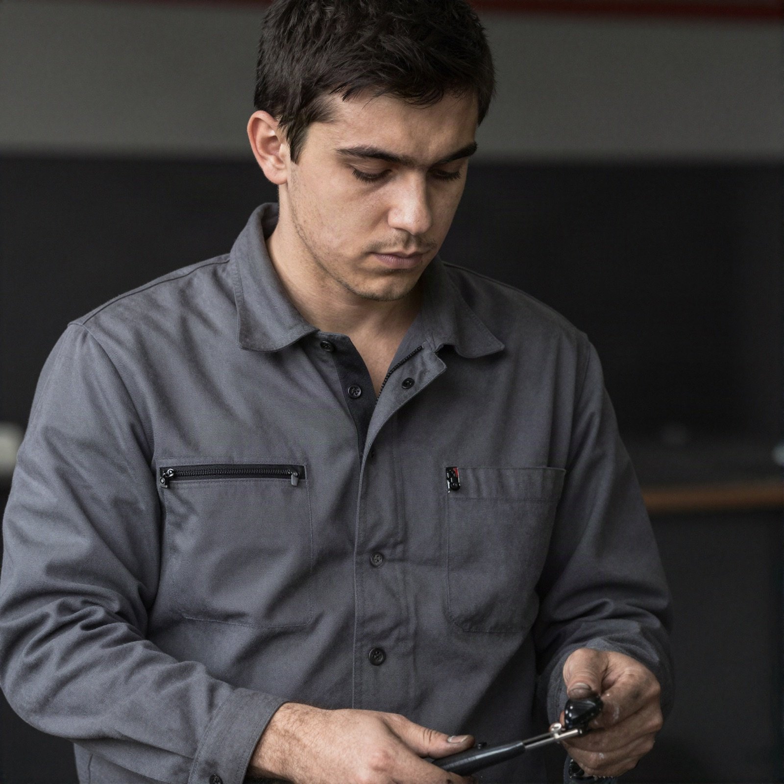 A young motorcycle mechanic in a grey work shirt adjusting a tool in the workshop