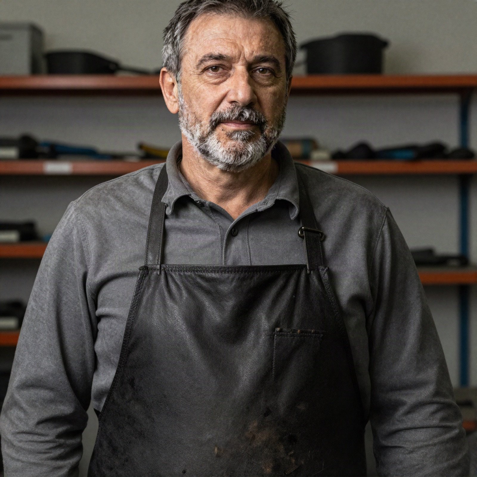 A senior mechanic with a grey beard wearing a leather apron in front of workshop shelves