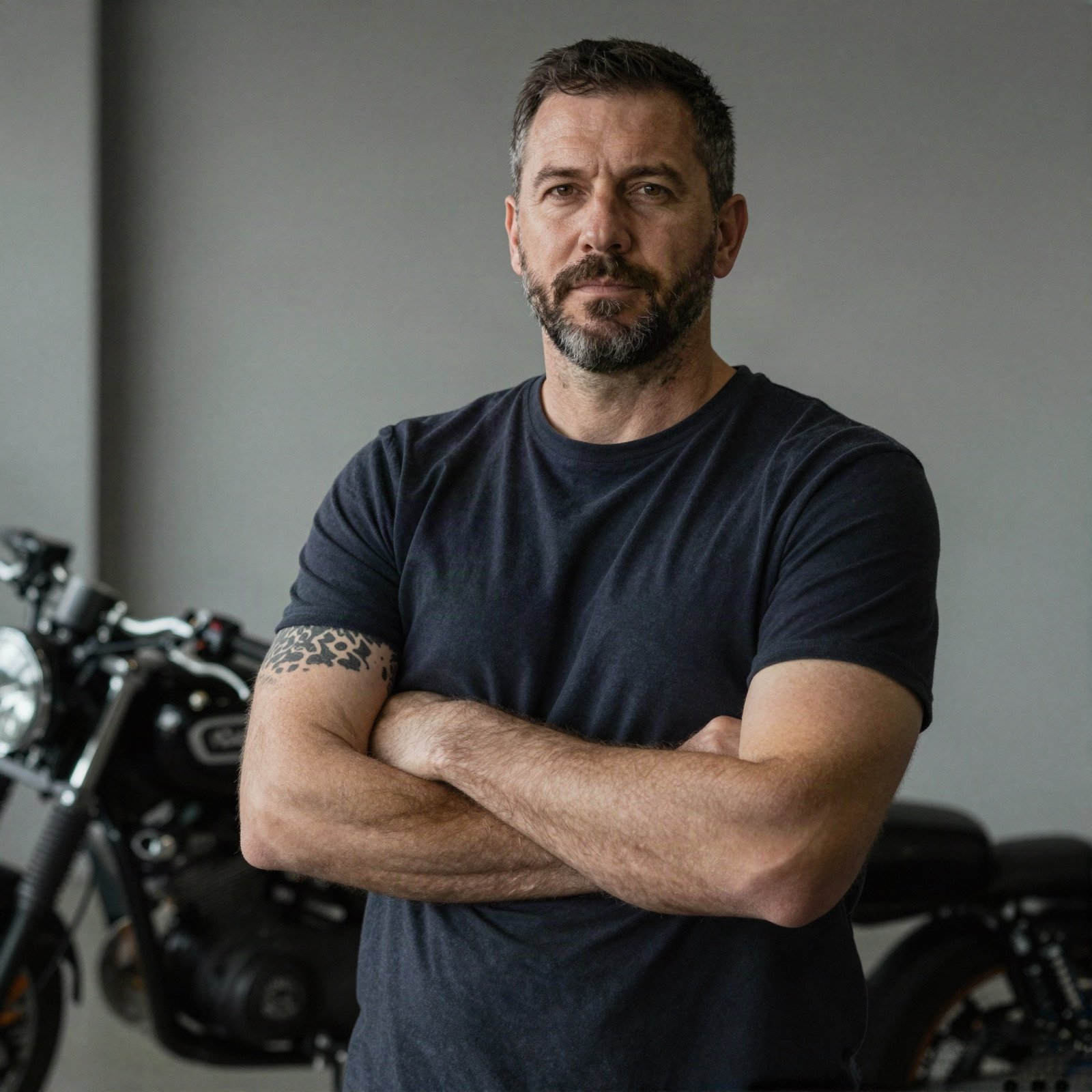 The shop manager standing with arms crossed in front of custom motorcycles