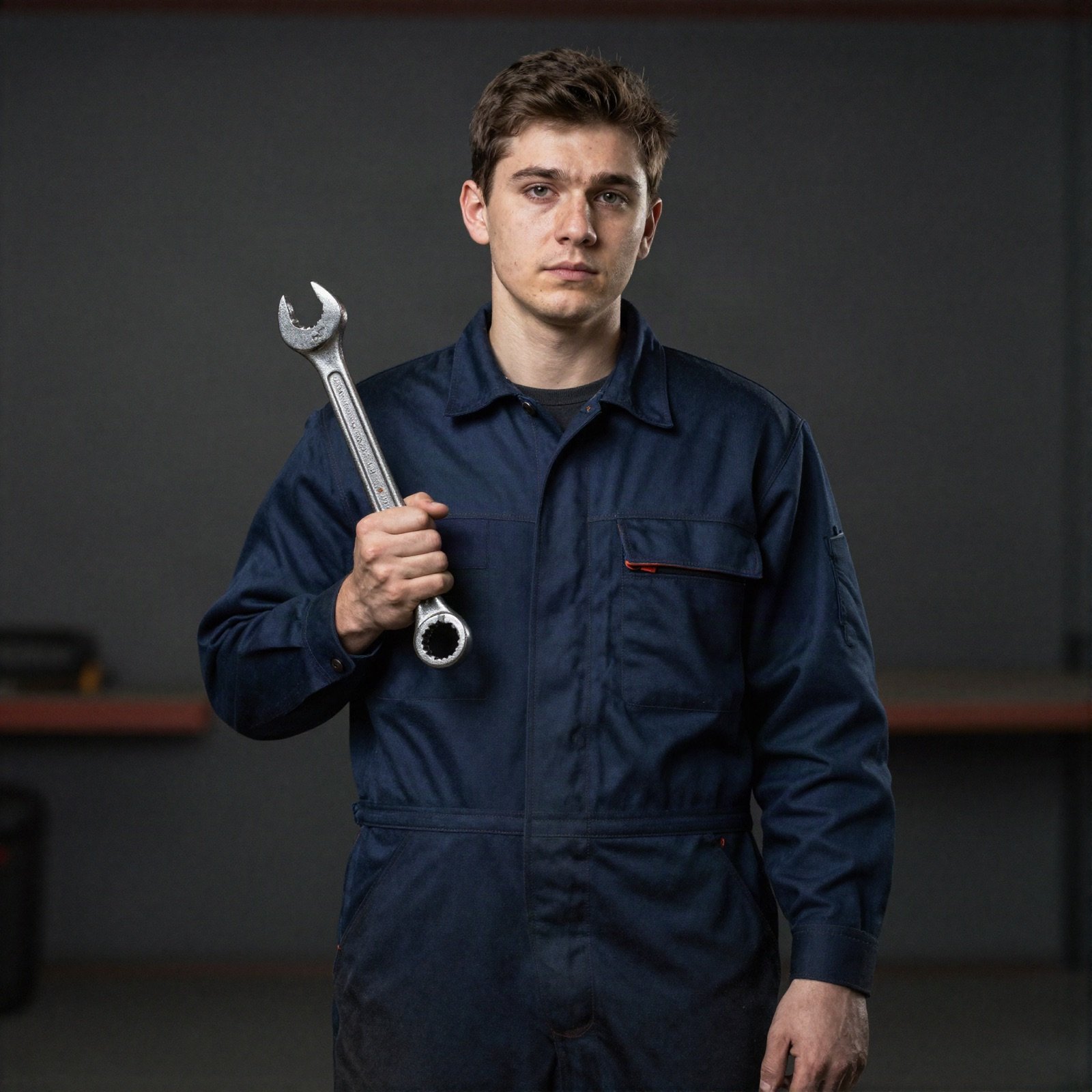 A young mechanic in navy overalls holding a large wrench