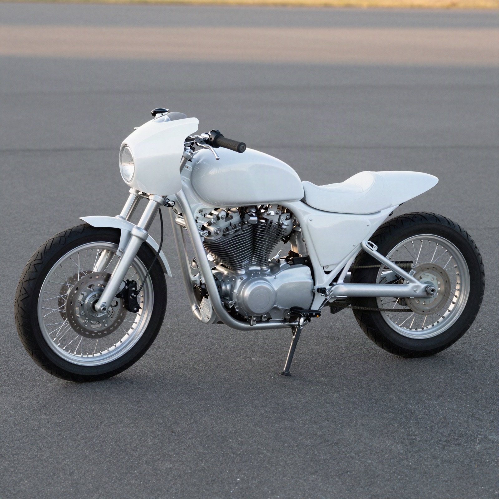 A white custom flat-track motorcycle with a polished aluminium frame at sunset