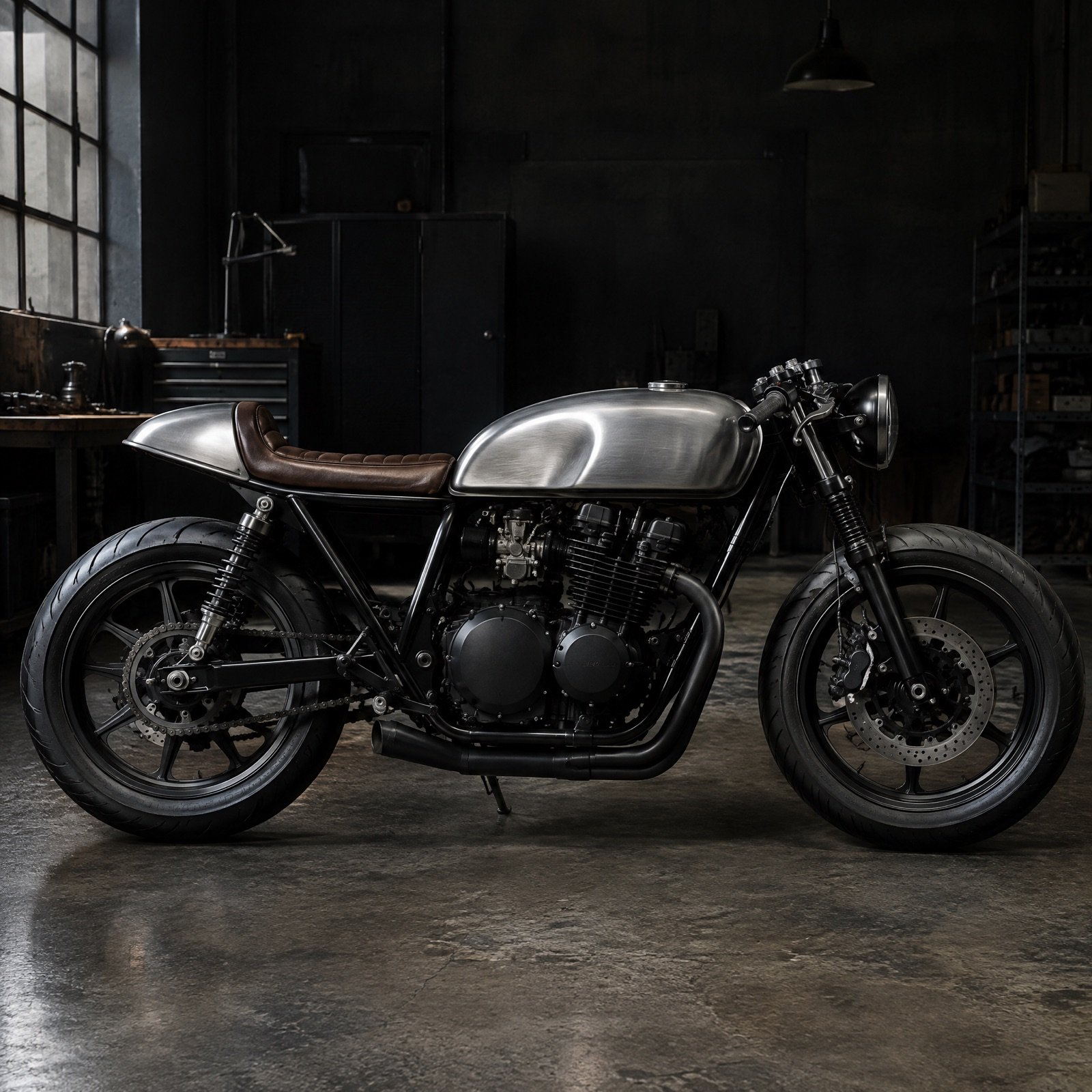 A custom cafe racer motorcycle with a brushed aluminium tank and brown leather seat in a dark workshop