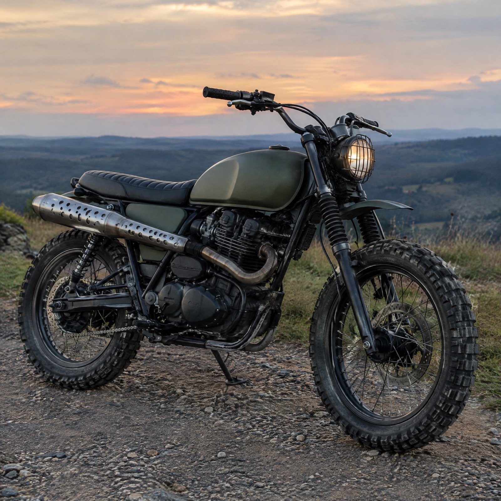 A custom scrambler motorcycle with an olive green tank and knobby tyres on a gravel trail at dusk