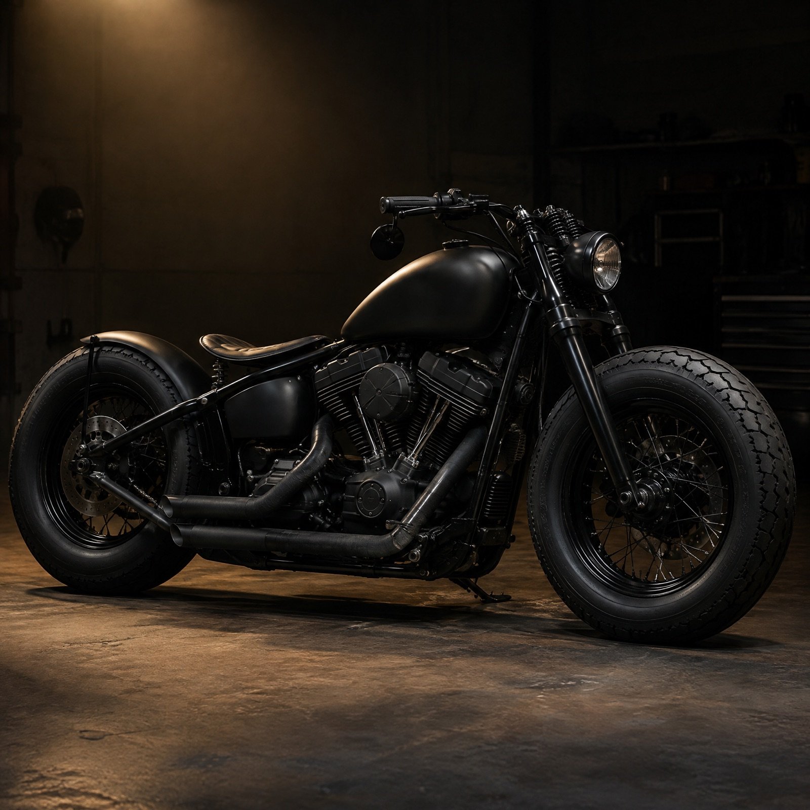 A matte black custom bobber motorcycle with a floating solo seat in a dark garage