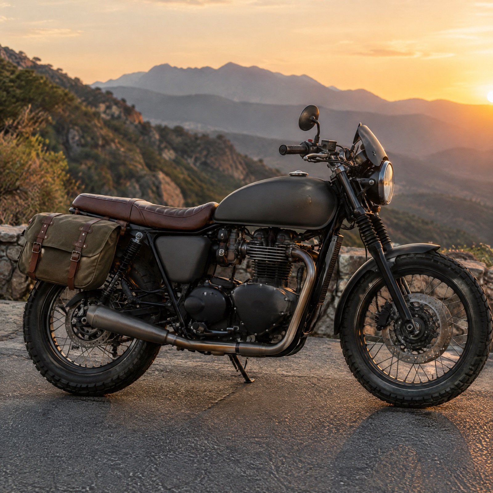 A dark custom retro touring motorcycle with canvas saddlebags on a mountain road at sunset