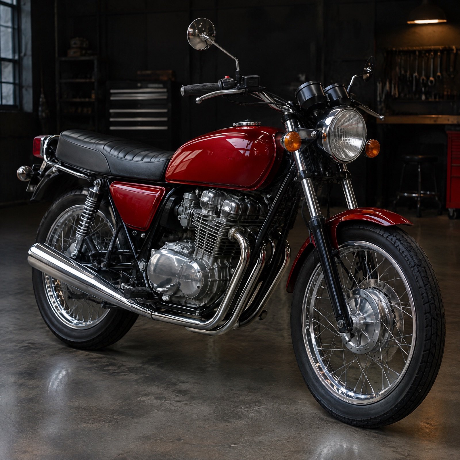 A restored vintage street motorcycle with a glossy red tank and chrome spoked wheels
