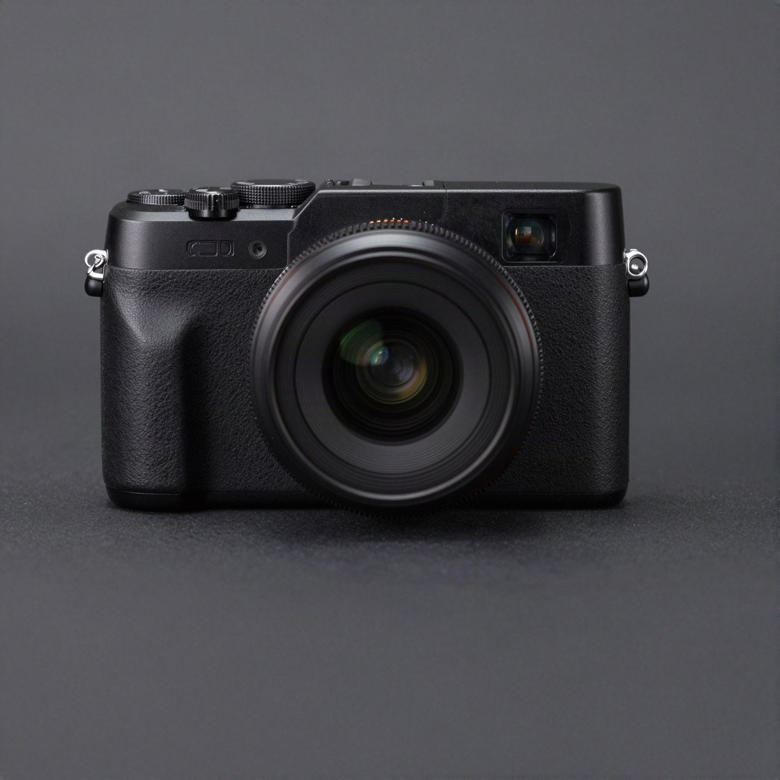 A compact black camera seen from the front on a dark background
