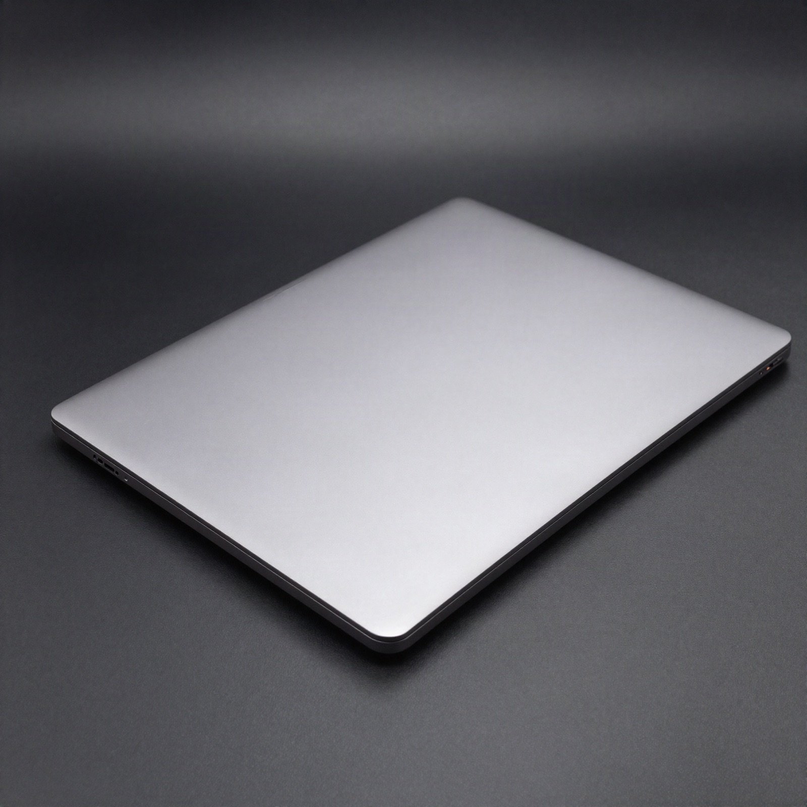 A closed slim dark grey aluminium laptop lying at a slight angle
