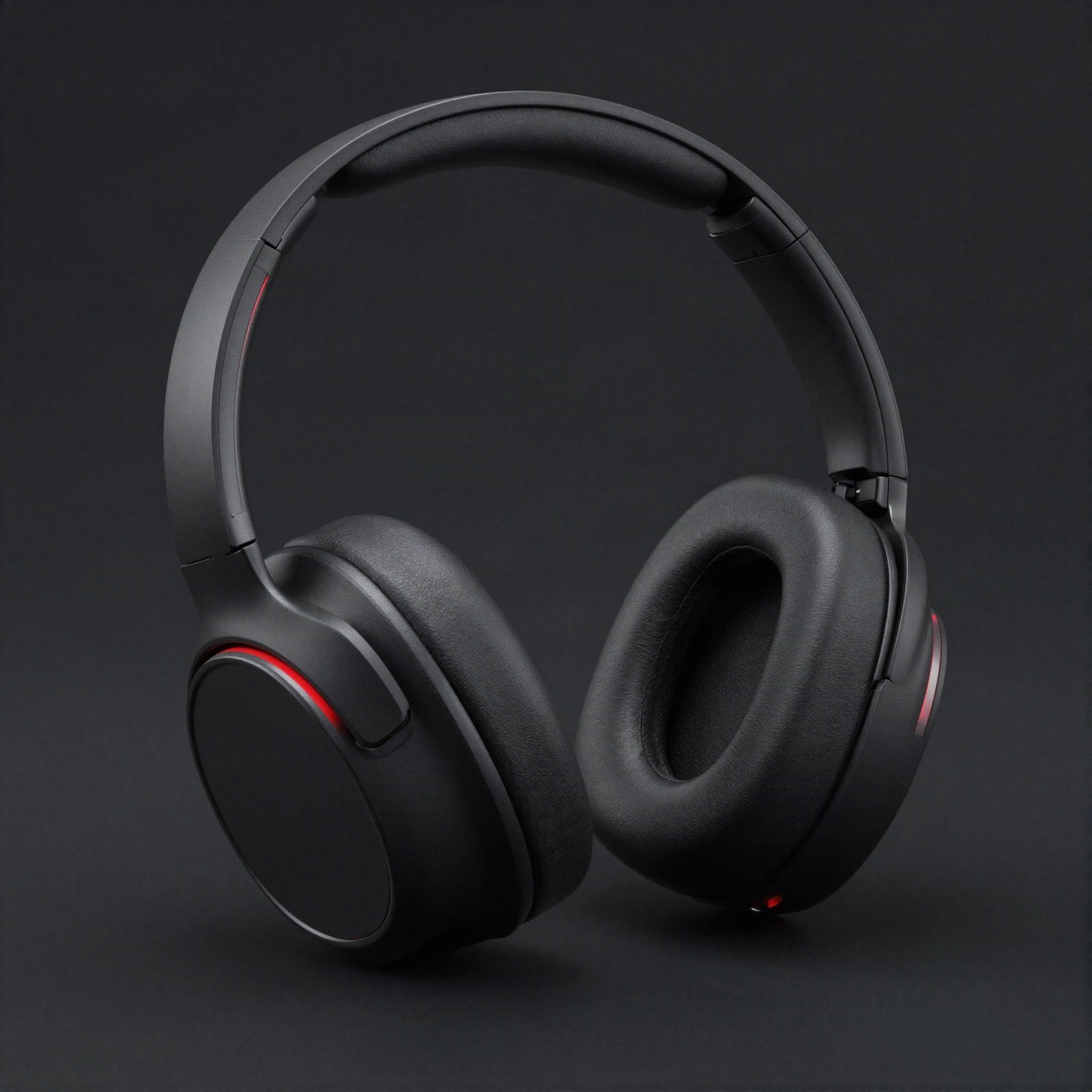 A pair of matte black over-ear wireless headphones with red accents