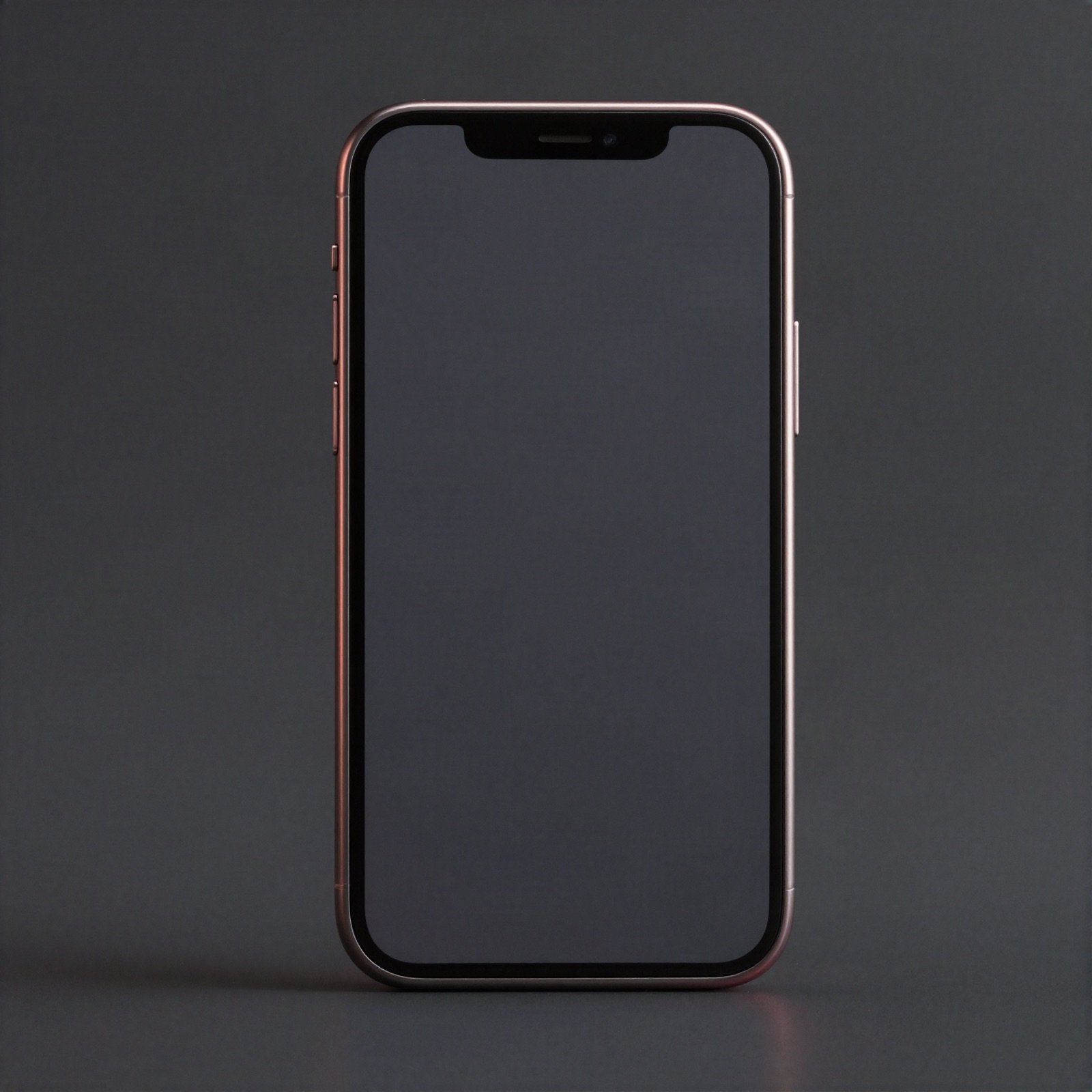 A slim smartphone with a rose-gold frame and dark screen standing upright