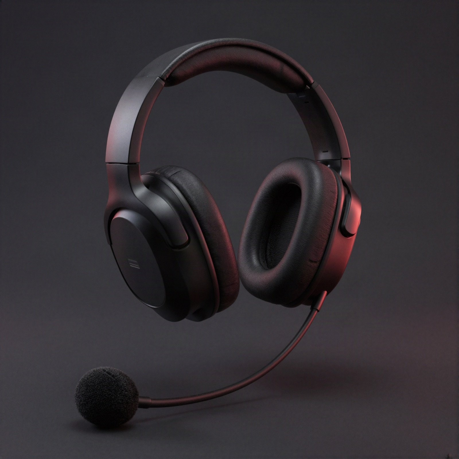 A black headset with a boom microphone under soft red light