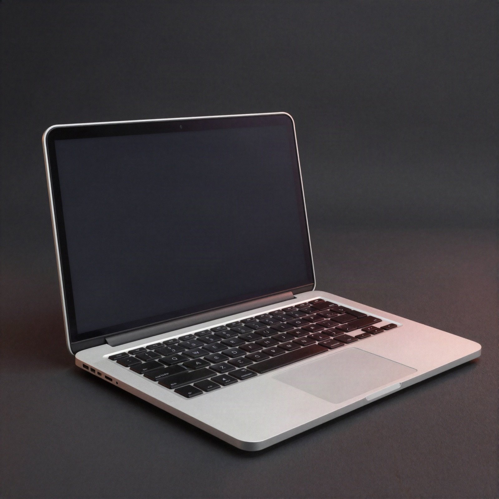 An open silver laptop with a dark screen on a charcoal surface