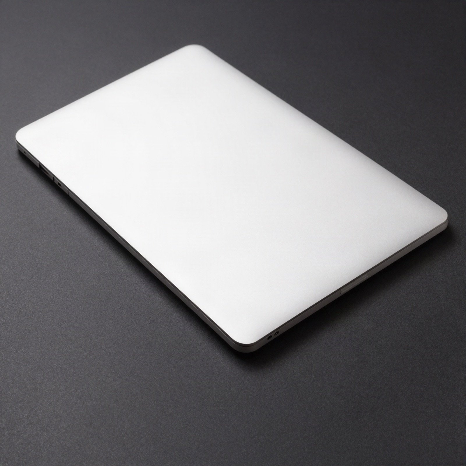 A closed thin white notebook computer lying on a dark surface