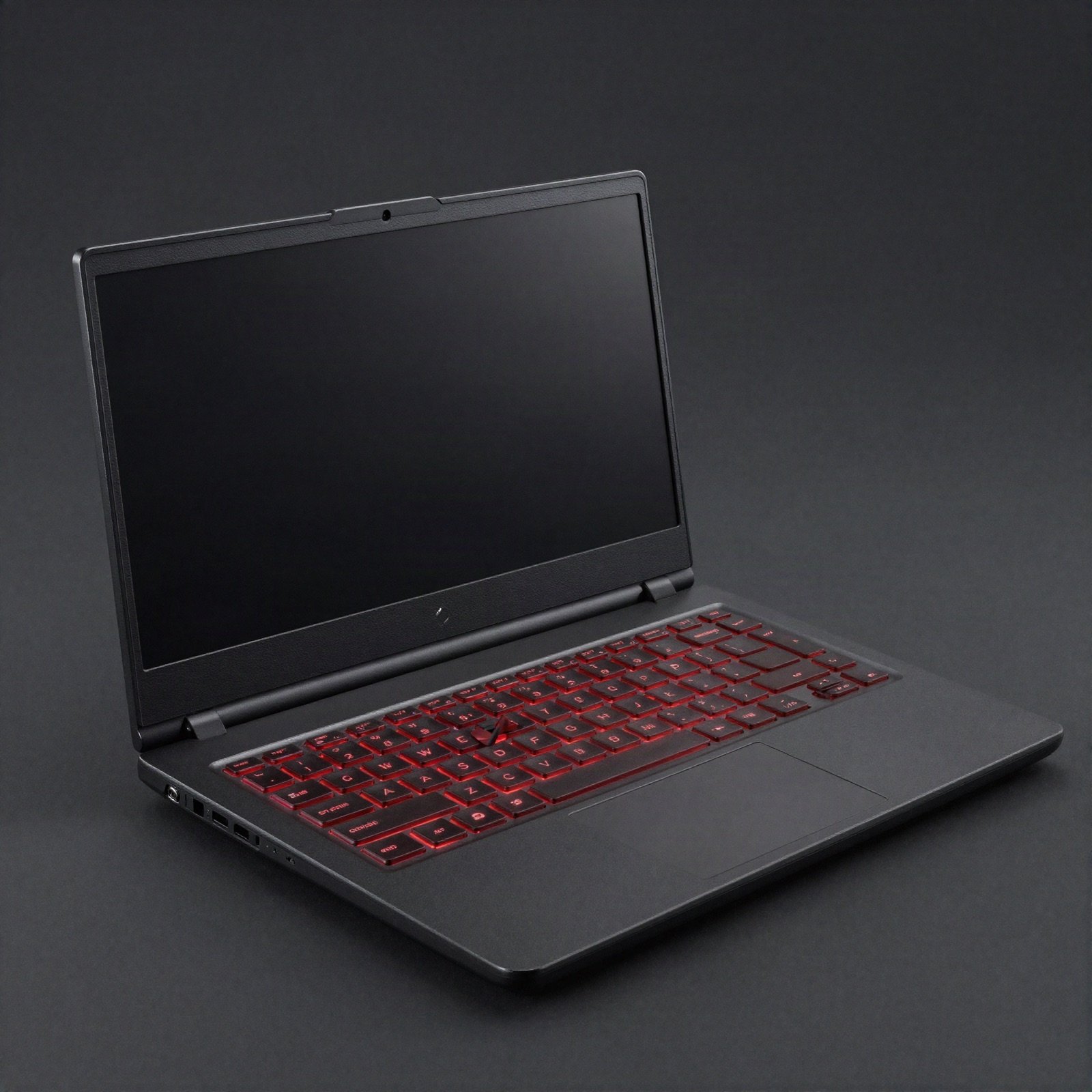 A black laptop with a red backlit keyboard