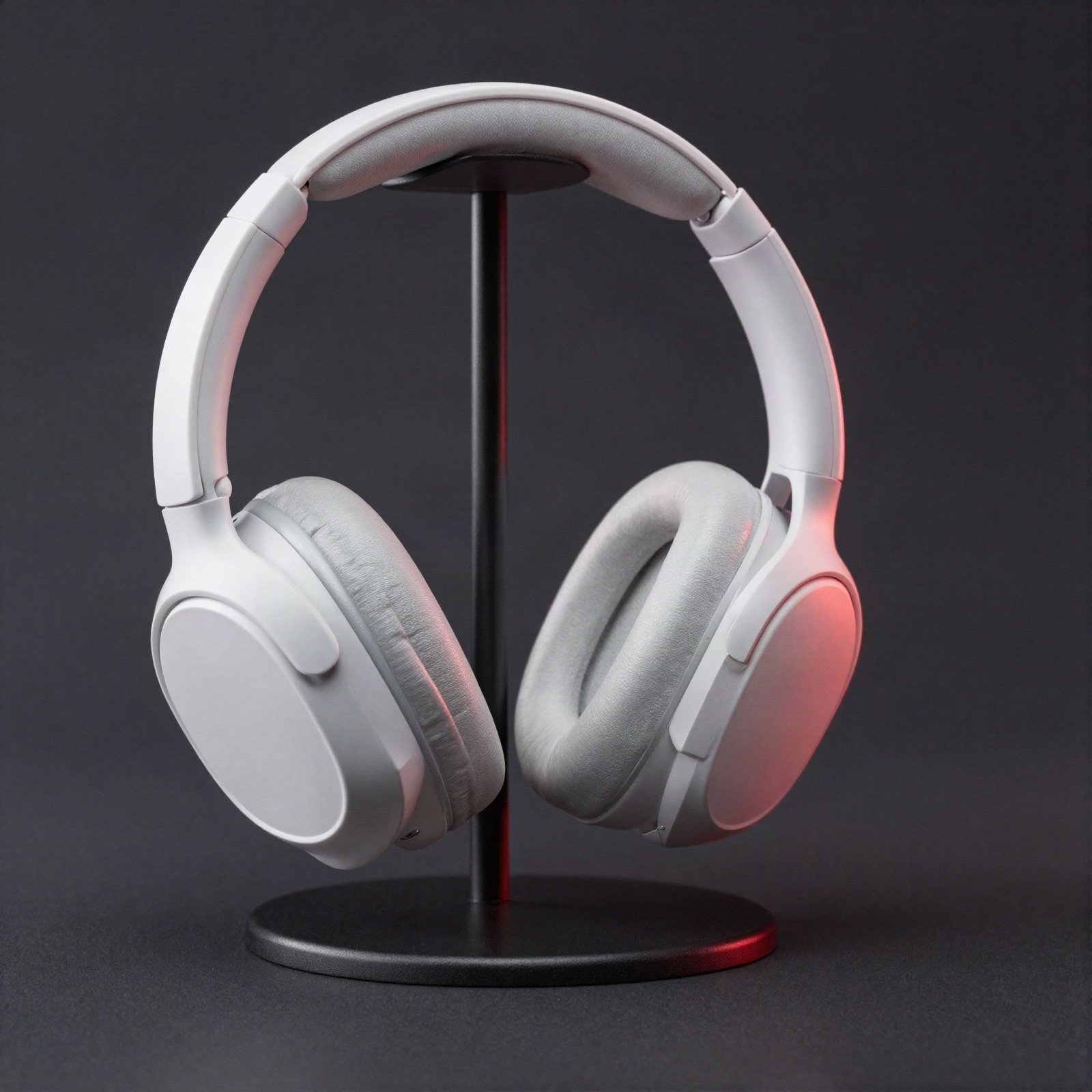 White wireless headphones resting on a black headphone stand