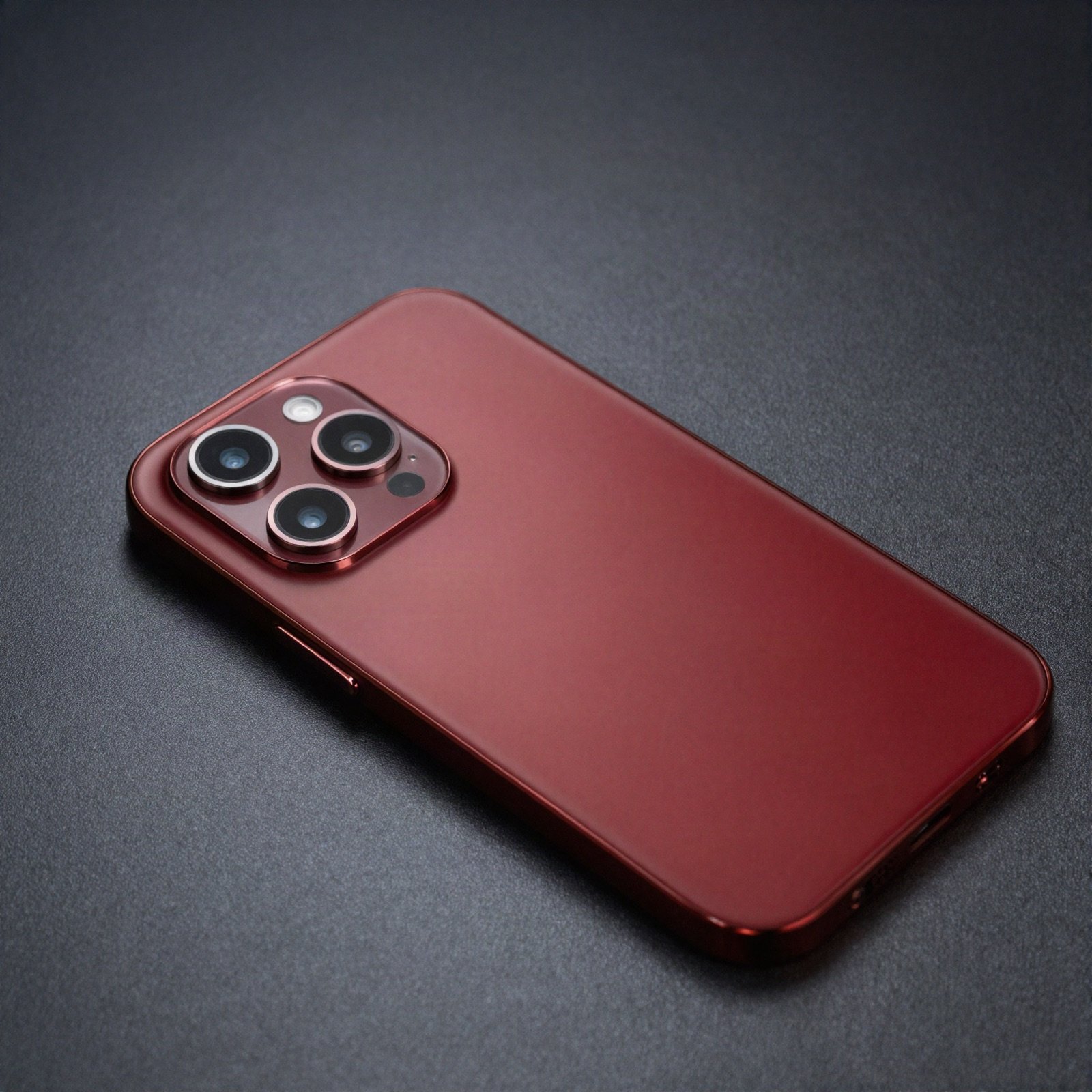 A deep red smartphone lying face down showing its triple camera