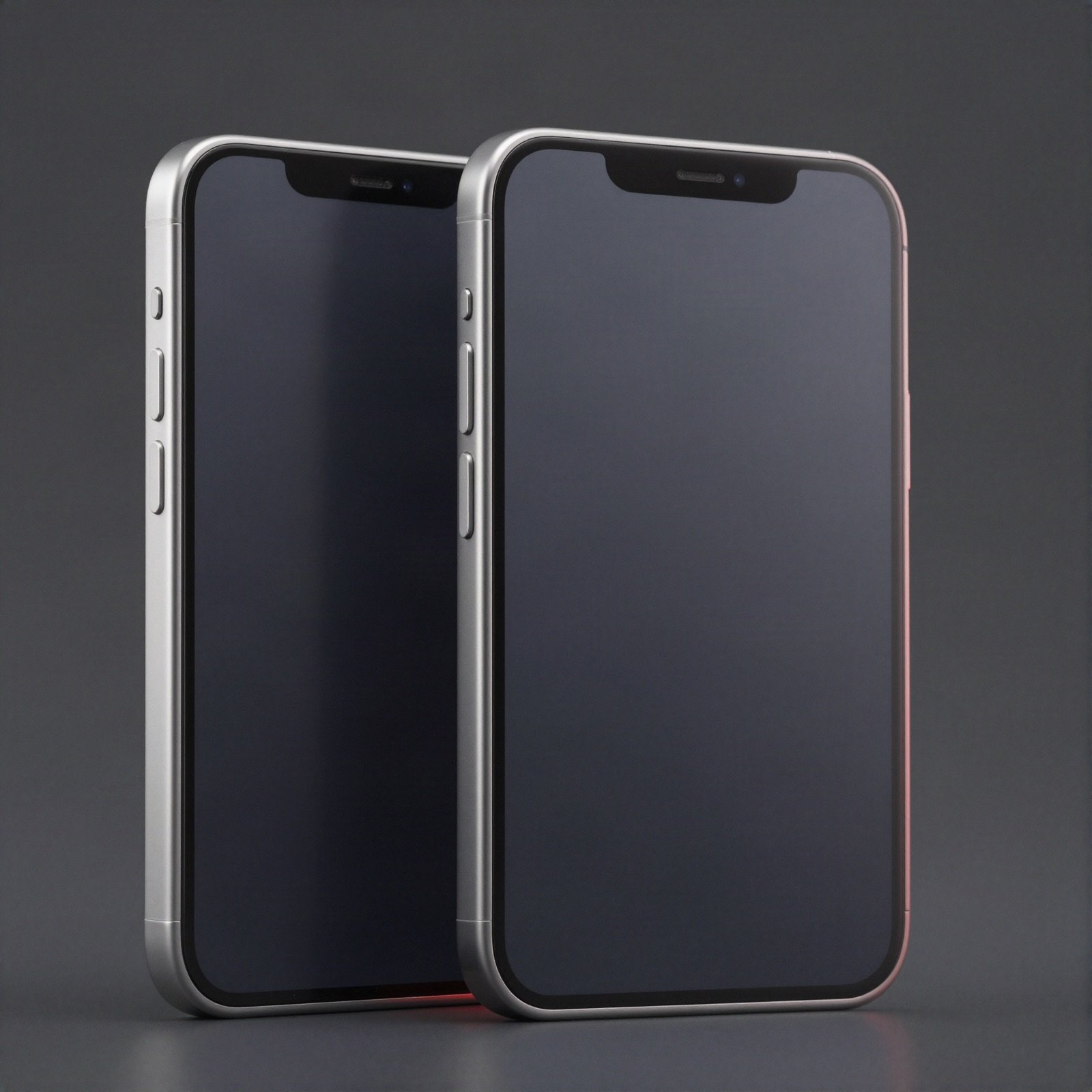 Two silver smartphones with dark screens standing side by side