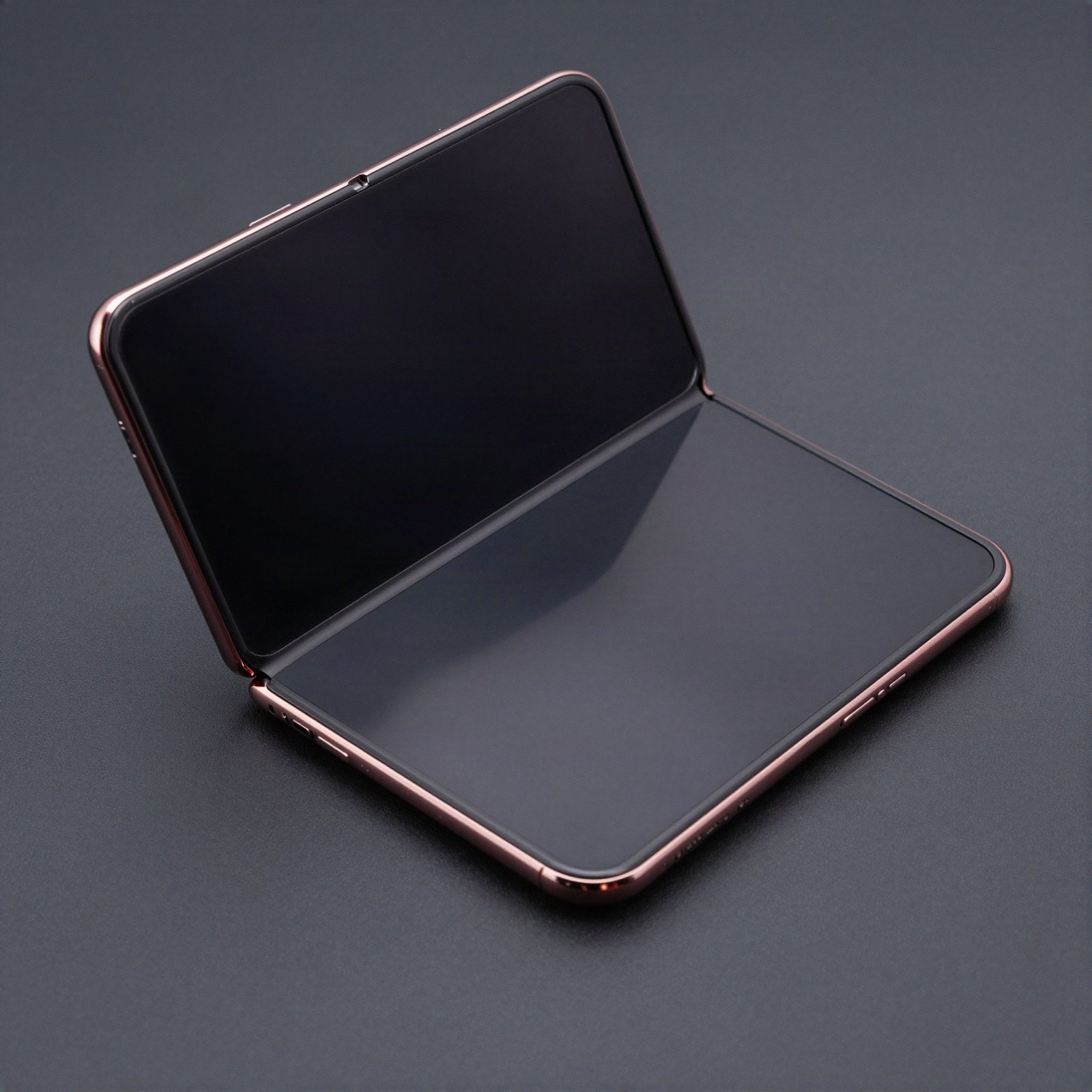 A half-open foldable smartphone with a rose-gold frame