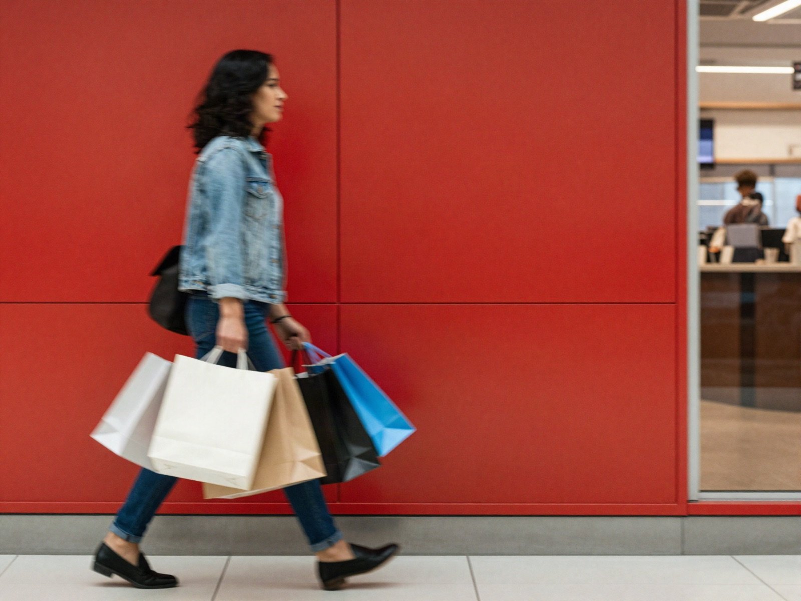 A shopper carrying several shopping bags walking past a red wall in a mall